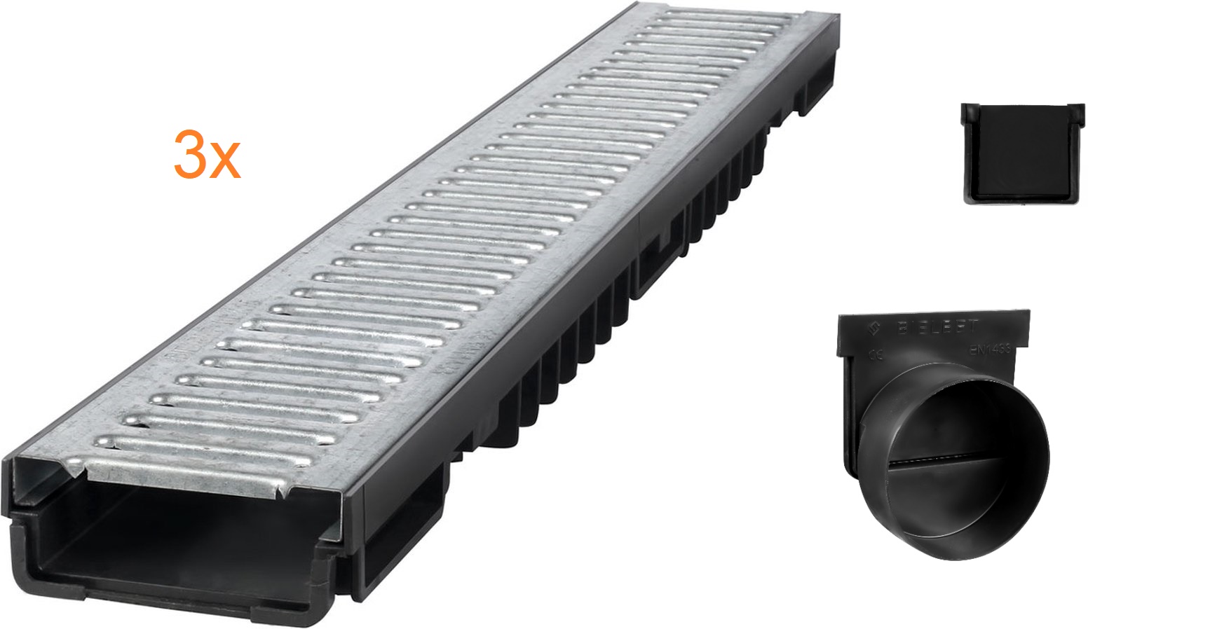 Afvoergoten Set - 3 Meter + Eindkap + Zijuitloop 1000x55mm