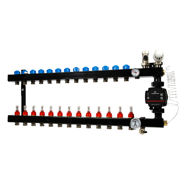 VTE In-Line Stalen Verdeler 13-Groeps met Grundfos UPM3 A-Label Pomp