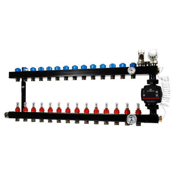 VTE In-Line Stalen Verdeler 15-Groeps met Grundfos UPM3 A-Label Pomp