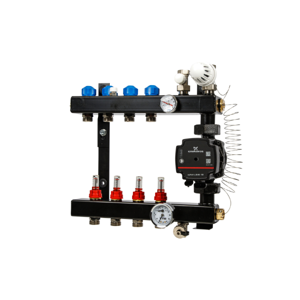 VTE In-Line Stalen Verdeler 4-Groeps met Grundfos UPM3 A-Label Pomp