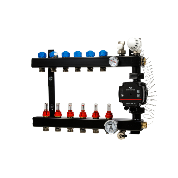 VTE In-Line Stalen Verdeler 6-Groeps met Grundfos UPM3 A-Label Pomp