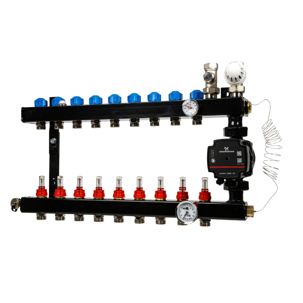 VTE In-Line Stalen Verdeler 9-Groeps met Grundfos UPM3 A-Label Pomp