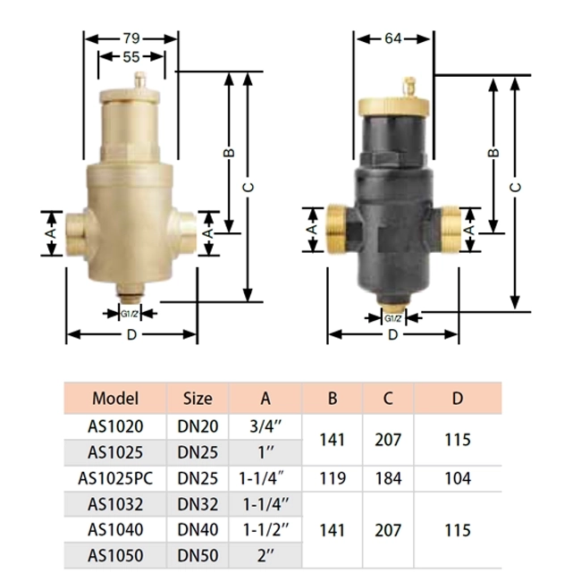 Maxicool Messing (Microbellen) Luchtafscheider Horizontale Aansluiting 1"F+M - Afbeelding 2